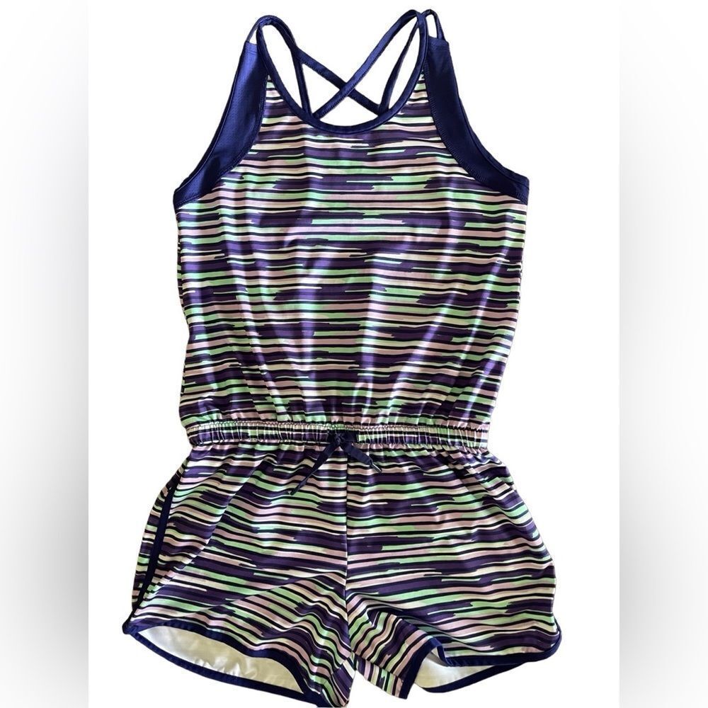 Athletic striped romper sleeveless top/shorts sz XL waist drawstring cross back‎